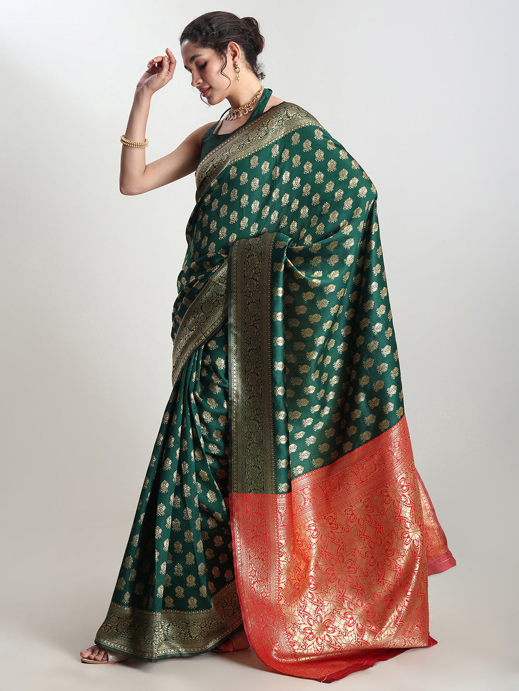Janasya Dark Green Silk Blend Ethnic Motifs Jacquard Saree | Grocsy