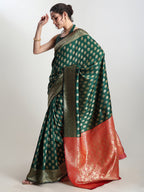 Janasya Dark Green Silk Blend Ethnic Motifs Jacquard Saree | Grocsy