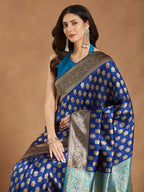 Janasya Blue Silk Blend Ethnic Motifs Banarasi Jacquard Saree | Grocsy