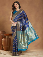 Janasya Blue Silk Blend Ethnic Motifs Banarasi Jacquard Saree | Grocsy