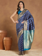 Janasya Blue Silk Blend Ethnic Motifs Banarasi Jacquard Saree | Grocsy