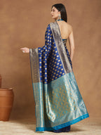 Janasya Blue Silk Blend Ethnic Motifs Banarasi Jacquard Saree | Grocsy