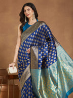 Janasya Blue Silk Blend Ethnic Motifs Banarasi Jacquard Saree | Grocsy