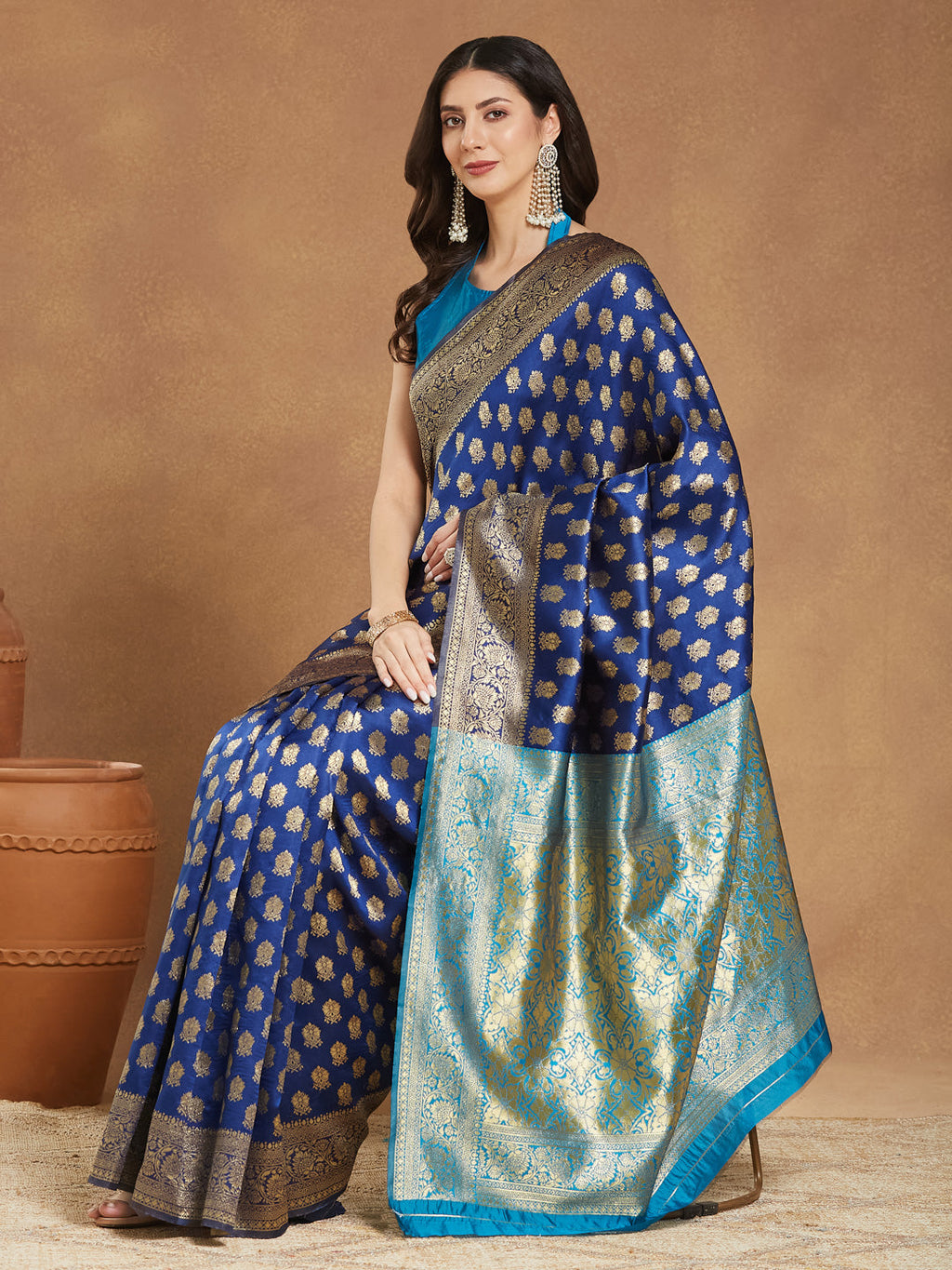 Janasya Blue Silk Blend Ethnic Motifs Banarasi Jacquard Saree | Grocsy