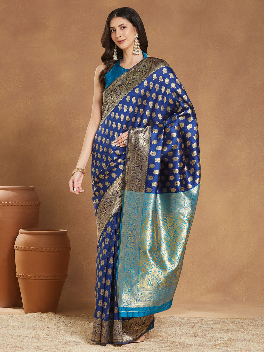 Janasya Blue Silk Blend Ethnic Motifs Banarasi Jacquard Saree | Grocsy
