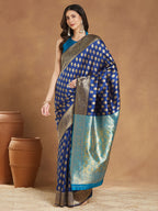 Janasya Blue Silk Blend Ethnic Motifs Banarasi Jacquard Saree | Grocsy