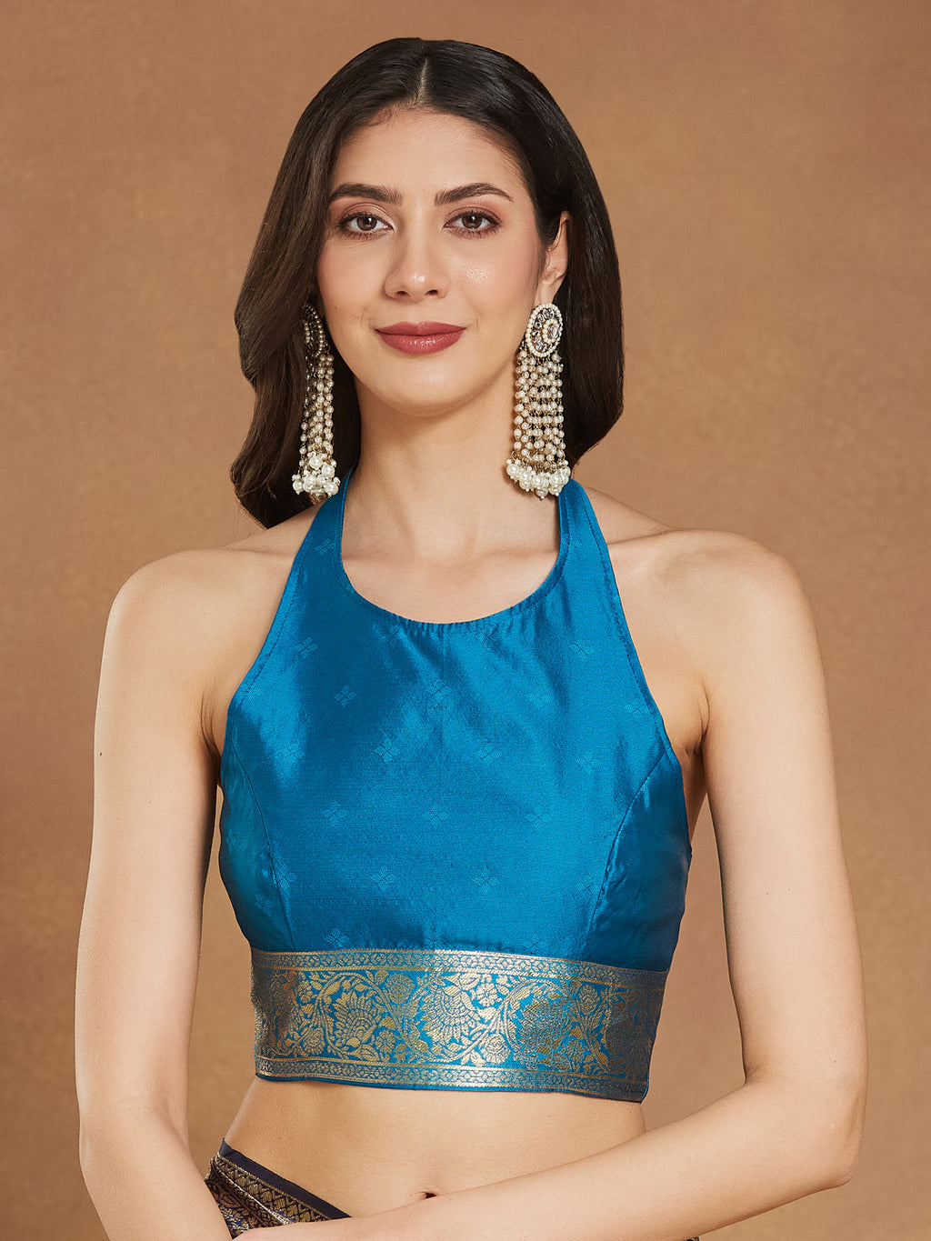 Janasya Blue Silk Blend Ethnic Motifs Banarasi Jacquard Saree | Grocsy