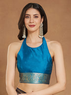 Janasya Blue Silk Blend Ethnic Motifs Banarasi Jacquard Saree | Grocsy