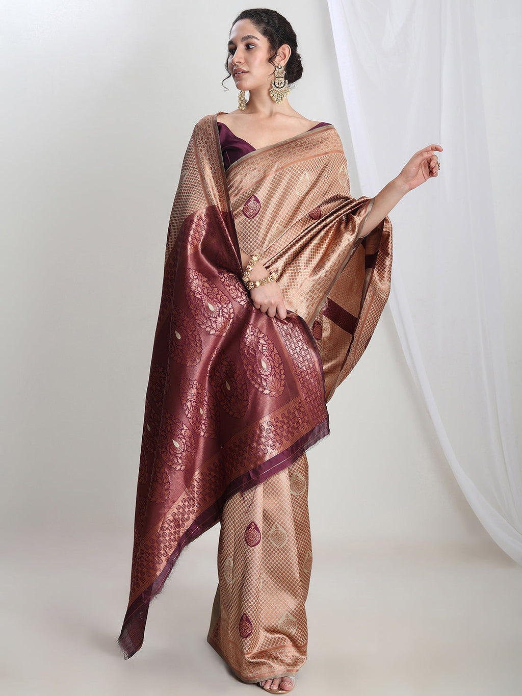 Janasya Beige Silk Blend Ethnic Printed Jacquard Saree | Grocsy