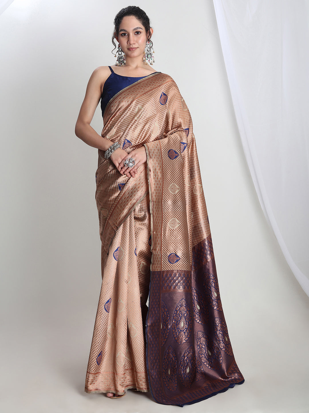 Janasya Beige Silk Blend Ethnic Printed Jacquard Saree | Grocsy
