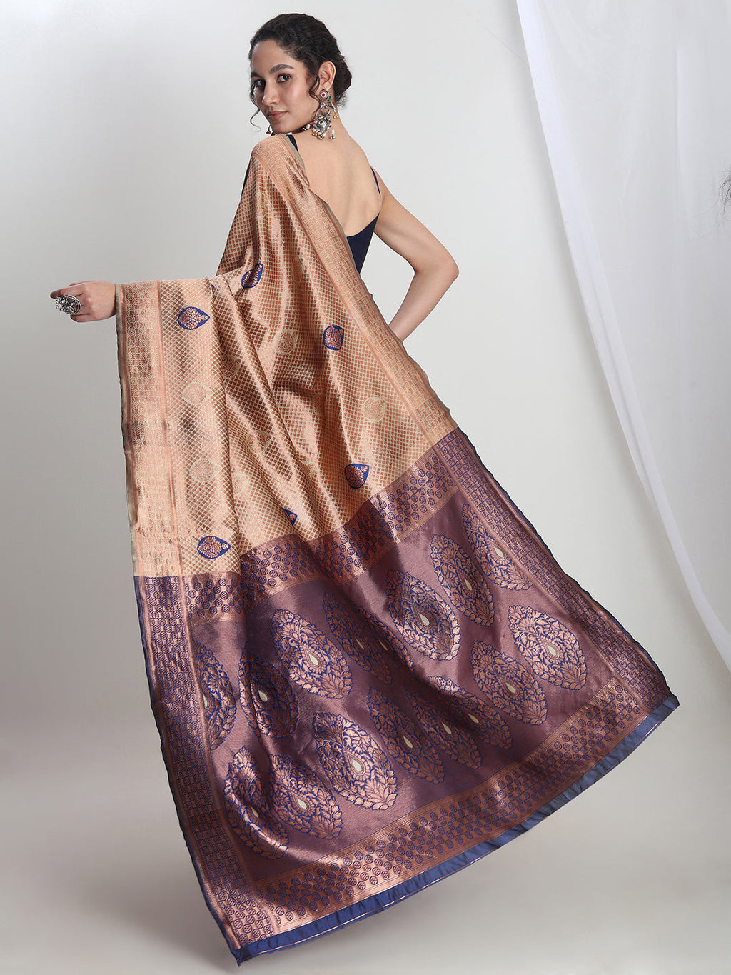 Janasya Beige Silk Blend Ethnic Printed Jacquard Saree | Grocsy