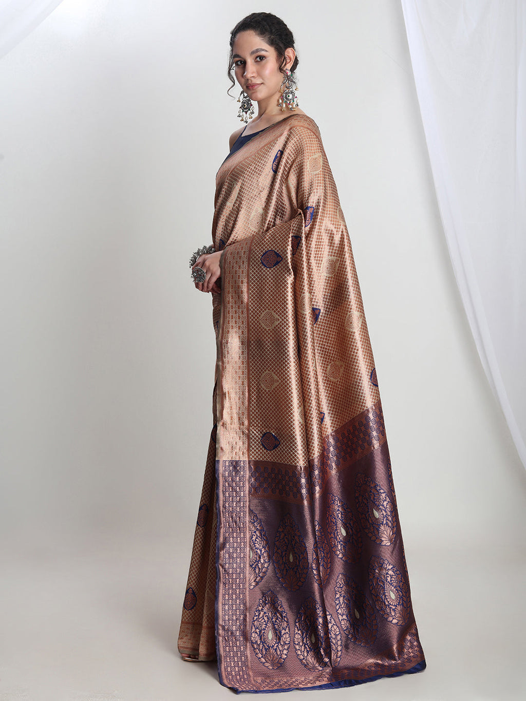 Janasya Beige Silk Blend Ethnic Printed Jacquard Saree | Grocsy