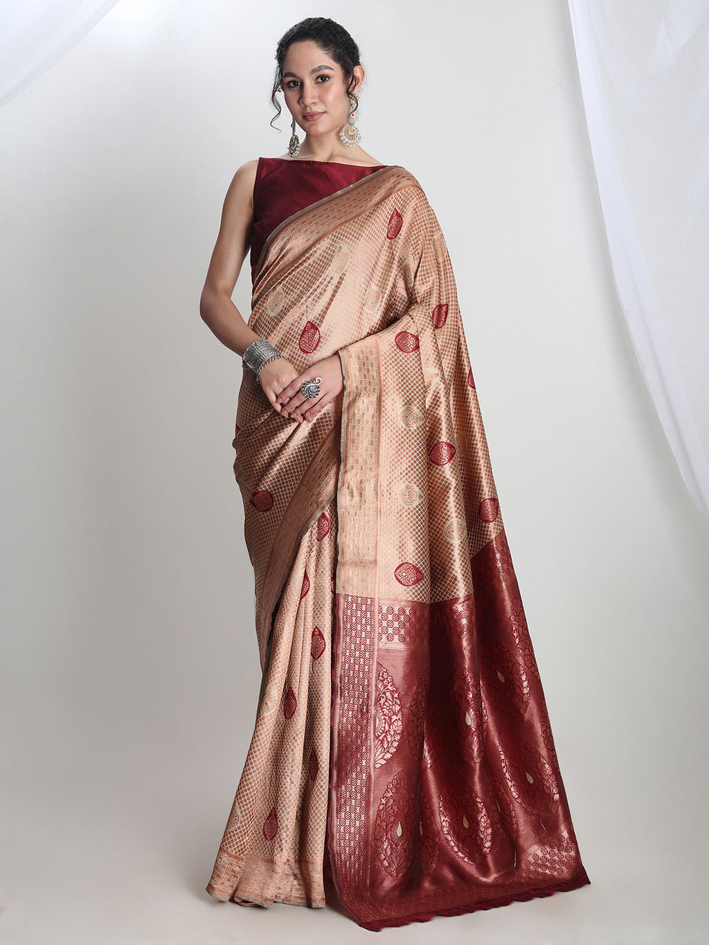 Janasya Beige Silk Blend Ethnic Printed Jacquard Saree | Grocsy