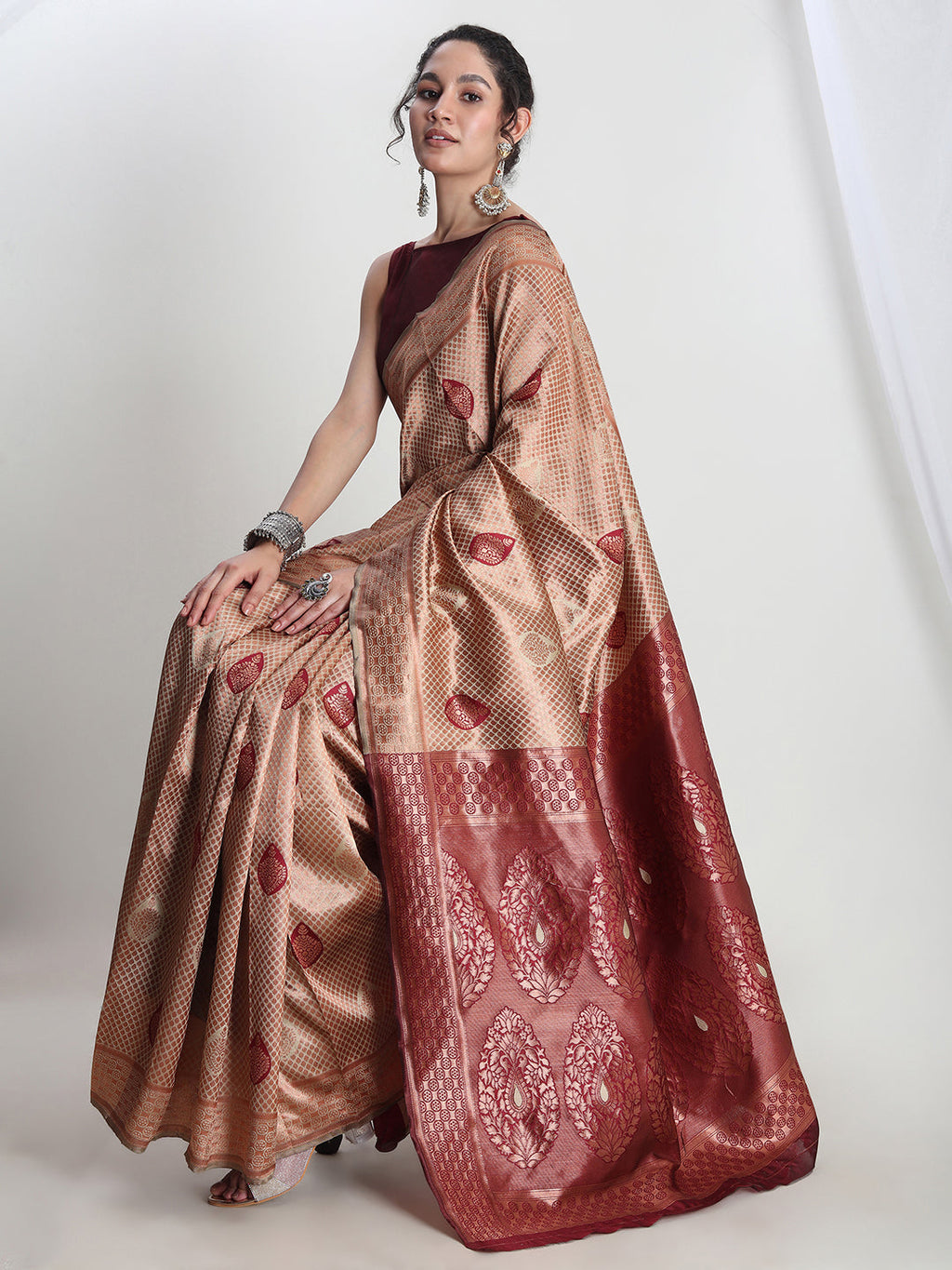 Janasya Beige Silk Blend Ethnic Printed Jacquard Saree | Grocsy