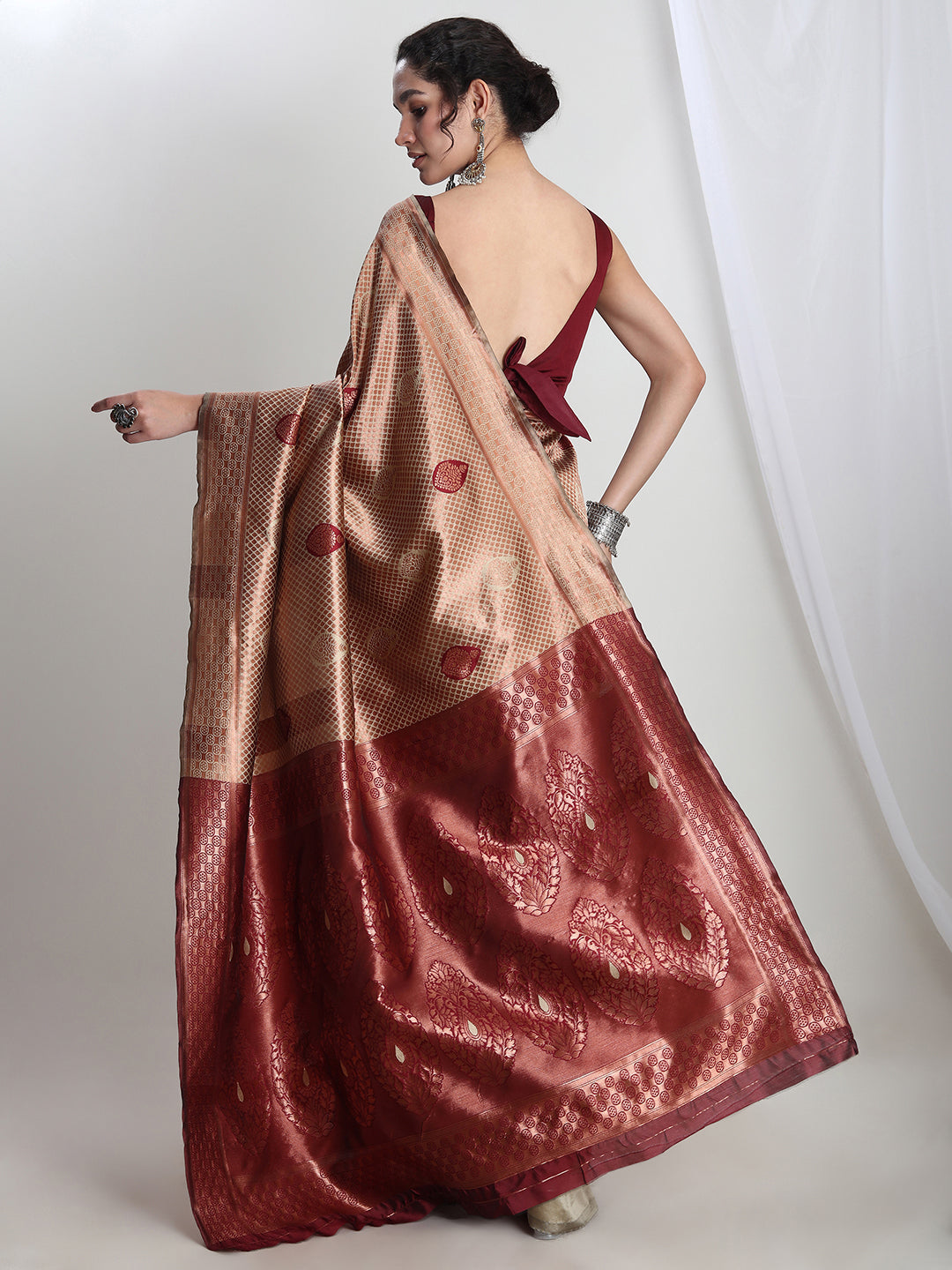 Janasya Beige Silk Blend Ethnic Printed Jacquard Saree | Grocsy