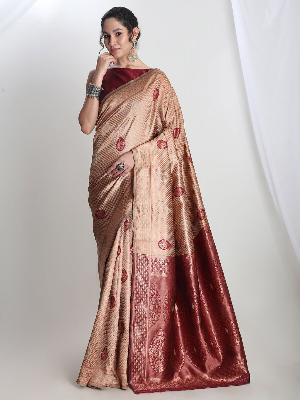 Janasya Beige Silk Blend Ethnic Printed Jacquard Saree | Grocsy