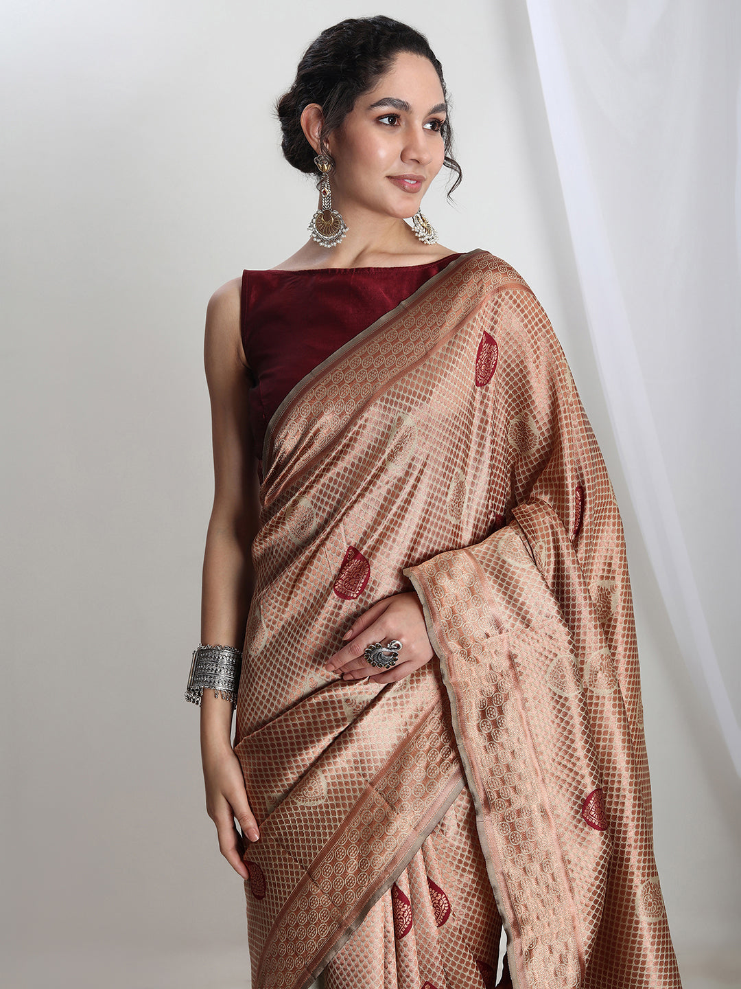 Janasya Beige Silk Blend Ethnic Printed Jacquard Saree | Grocsy