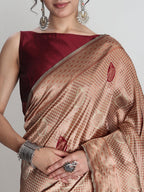 Janasya Beige Silk Blend Ethnic Printed Jacquard Saree | Grocsy