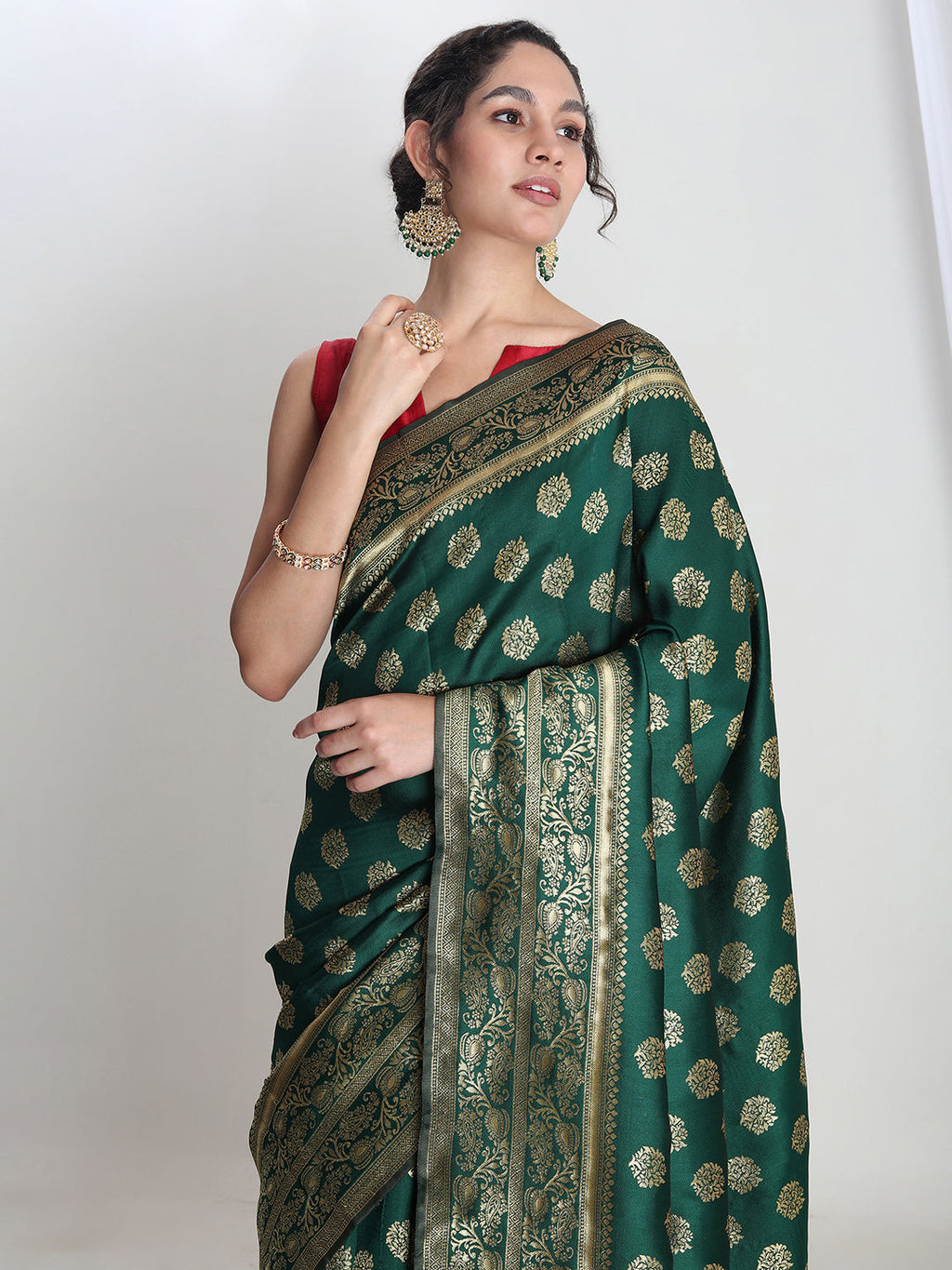Janasya Green Silk Blend Floral Jacquard Saree | Grocsy