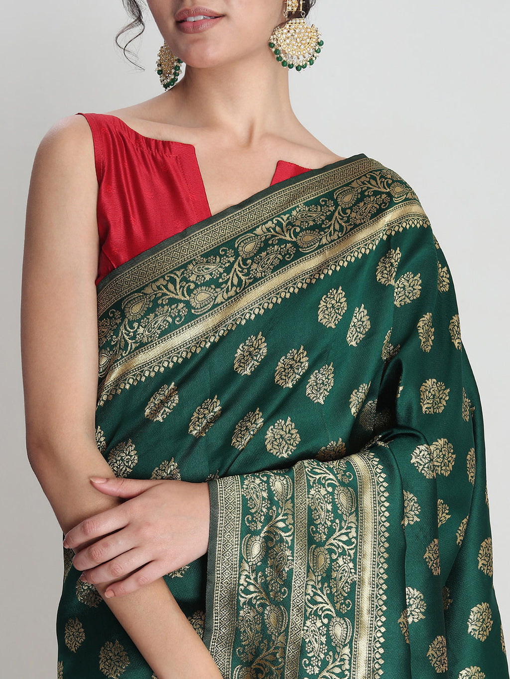 Janasya Green Silk Blend Floral Jacquard Saree | Grocsy