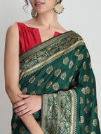 Janasya Green Silk Blend Floral Jacquard Saree | Grocsy