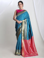 Janasya Teal Blue Silk Blend Ethnic Motifs Jacquard Saree | Grocsy