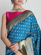Janasya Teal Blue Silk Blend Ethnic Motifs Jacquard Saree | Grocsy
