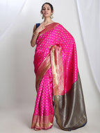 Janasya Pink Silk Blend Ethnic Motifs Jacquard Saree | Grocsy