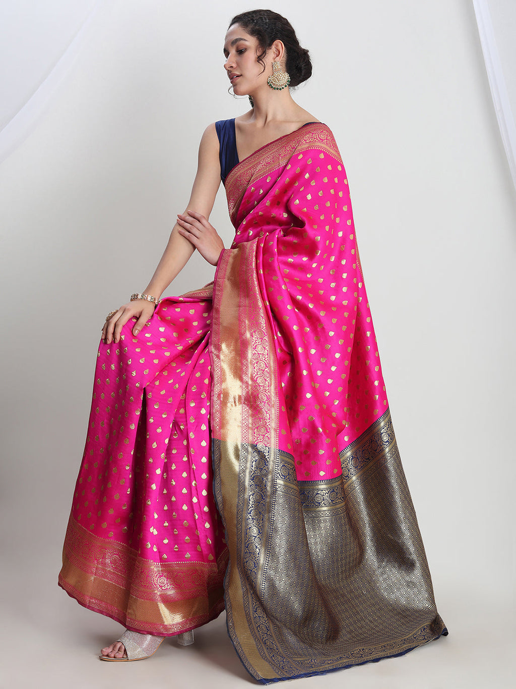 Janasya Pink Silk Blend Ethnic Motifs Jacquard Saree | Grocsy