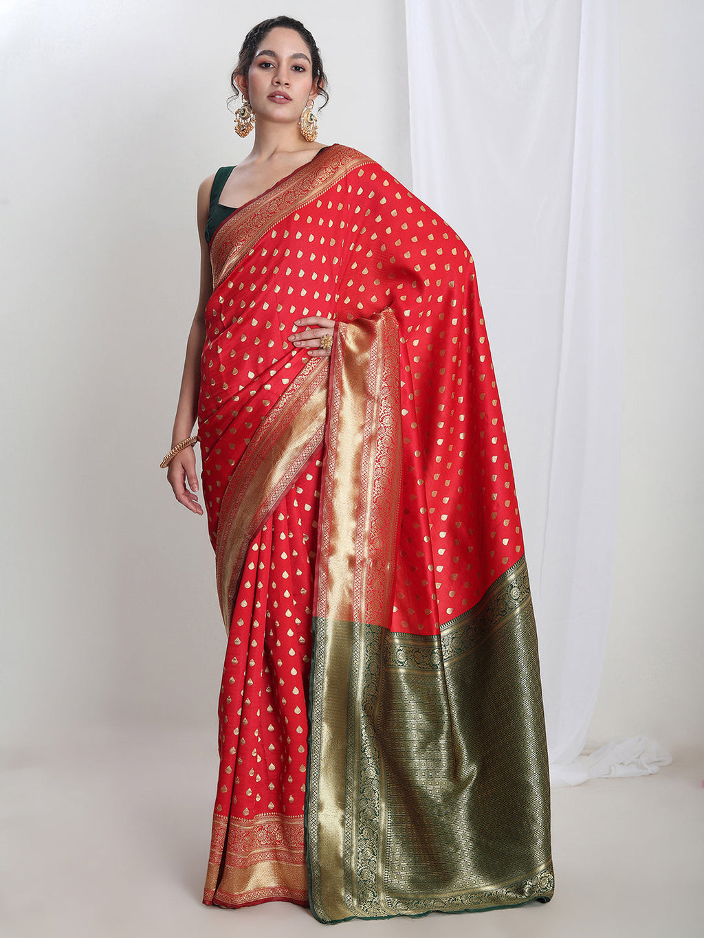 Janasya Red Silk Blend Ethnic Motifs Jacquard Saree | Grocsy