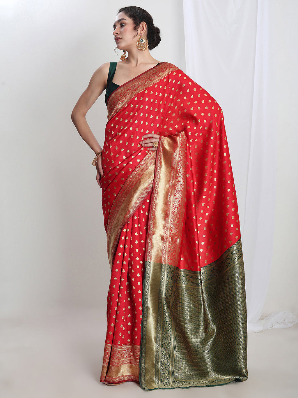 Janasya Red Silk Blend Ethnic Motifs Jacquard Saree | Grocsy