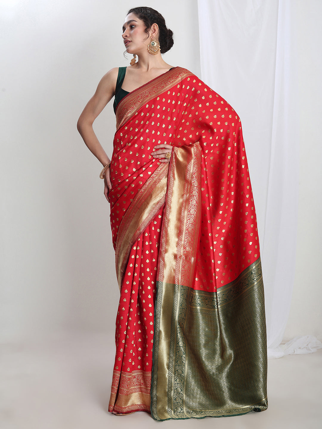 Janasya Red Silk Blend Ethnic Motifs Jacquard Saree | Grocsy