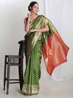 Janasya Green Silk Blend Ethnic Motifs Jacquard Saree | Grocsy