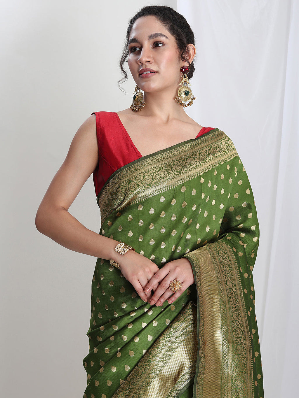 Janasya Green Silk Blend Ethnic Motifs Jacquard Saree | Grocsy