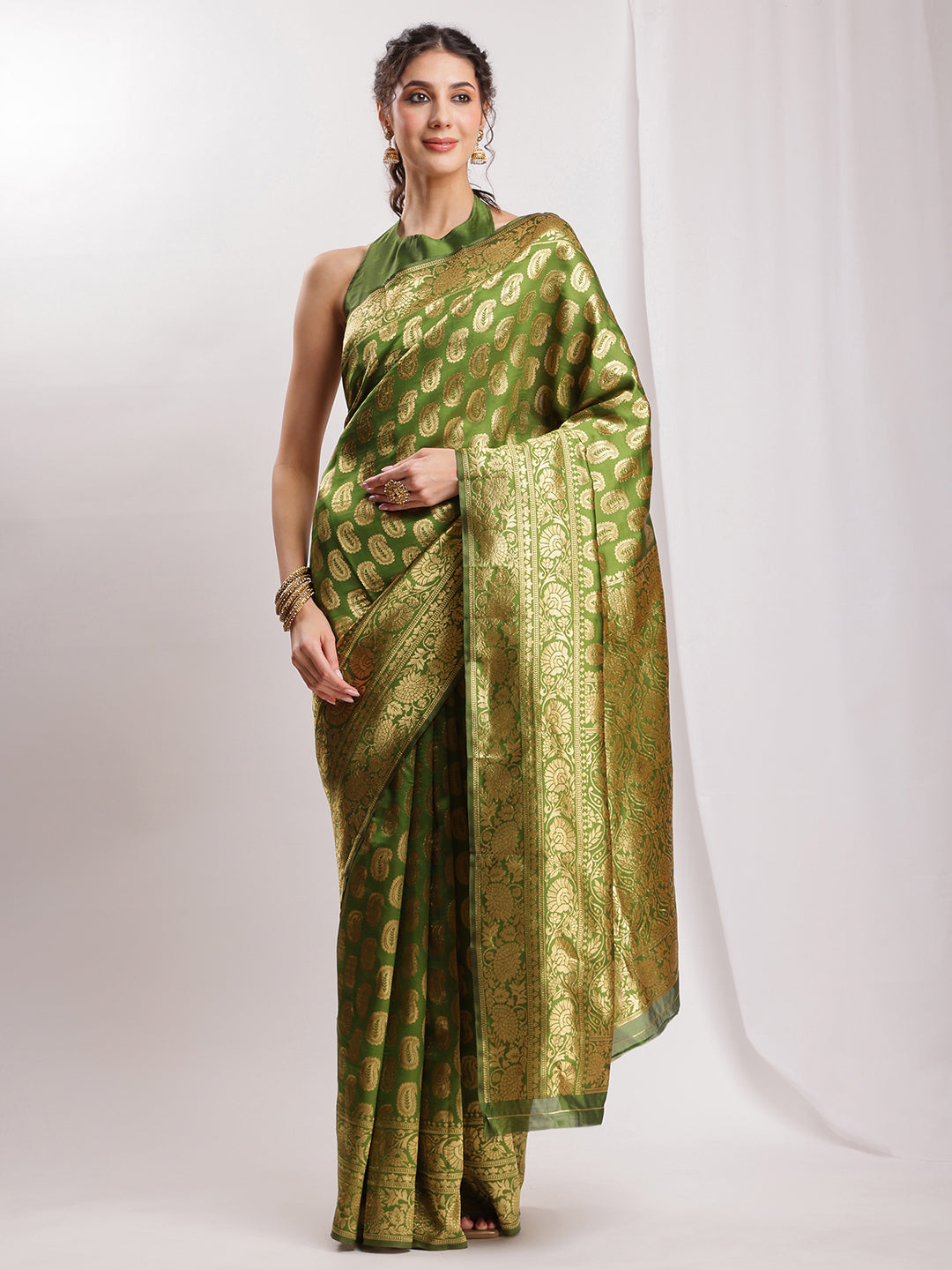 Janasya Green Silk Blend Paisley Jacquard Saree | Grocsy