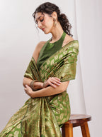 Janasya Green Silk Blend Paisley Jacquard Saree | Grocsy