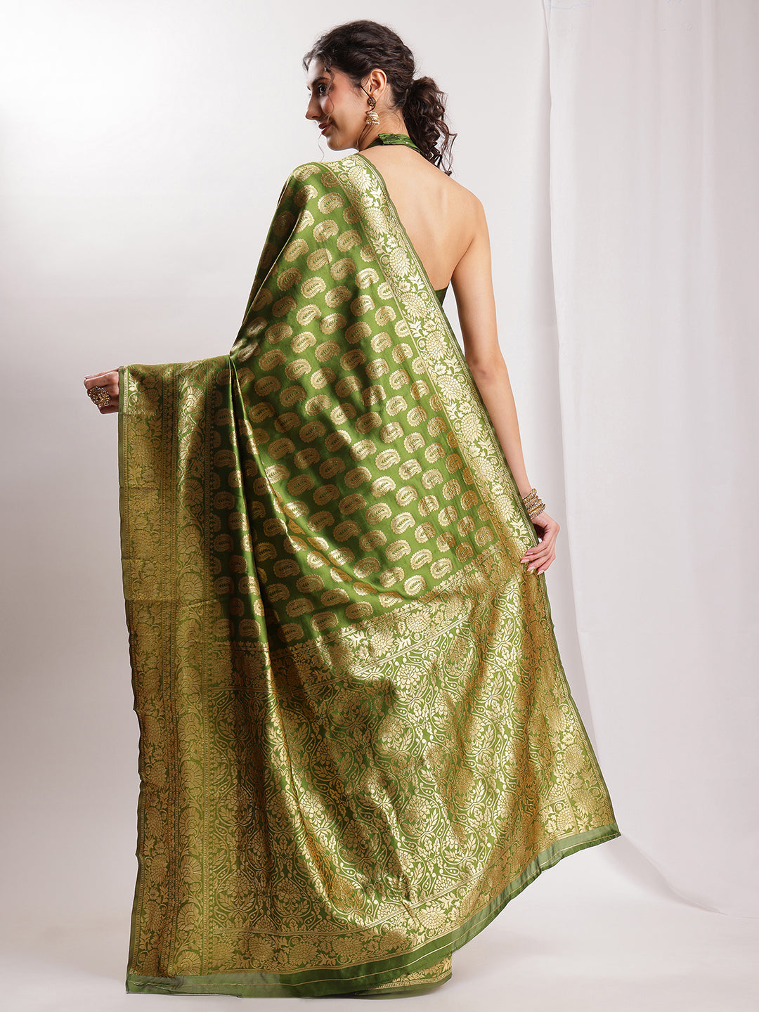 Janasya Green Silk Blend Paisley Jacquard Saree | Grocsy