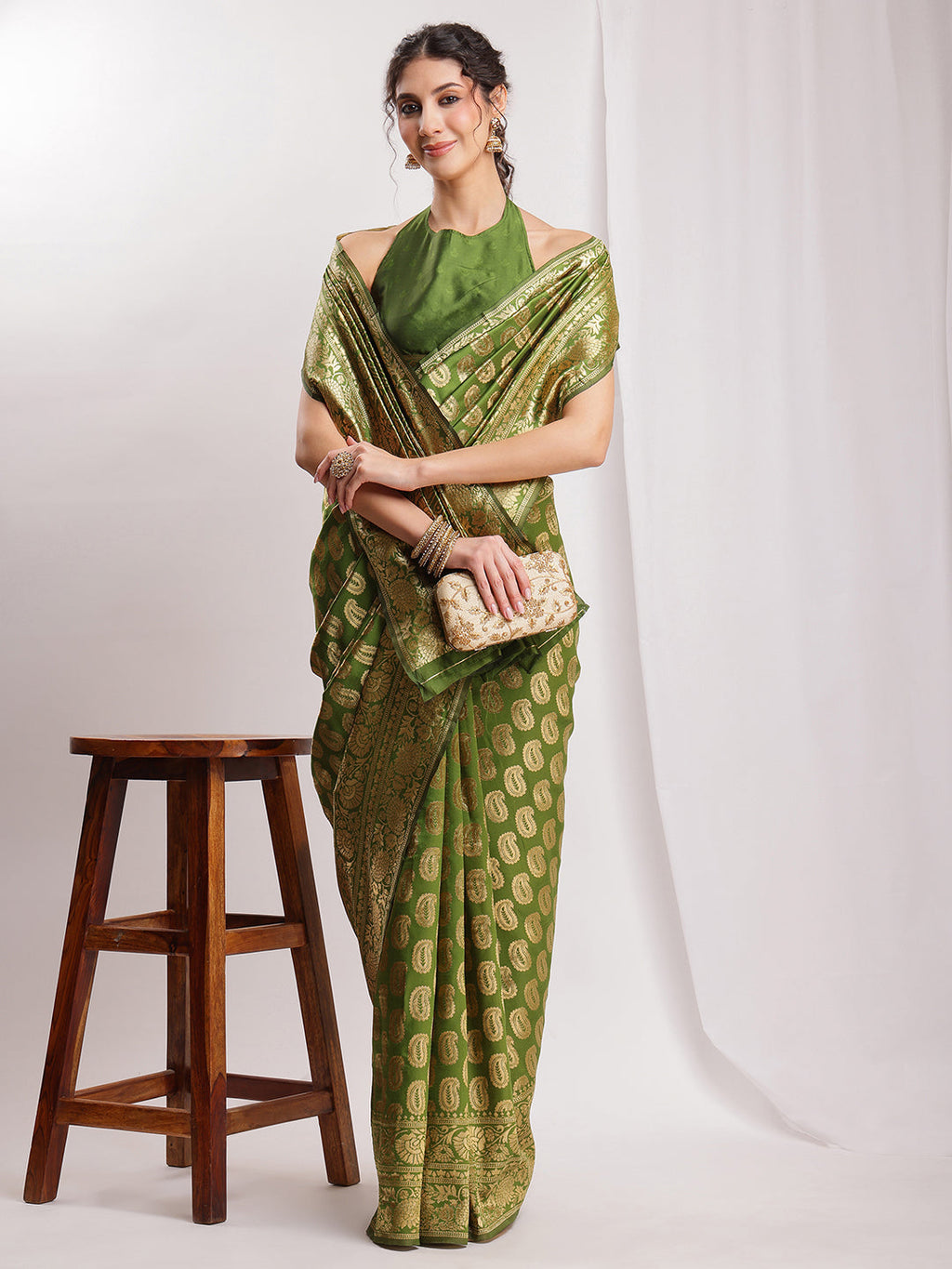 Janasya Green Silk Blend Paisley Jacquard Saree | Grocsy