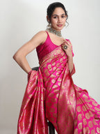 Janasya Pink Silk Blend Paisley Jacquard Saree | Grocsy