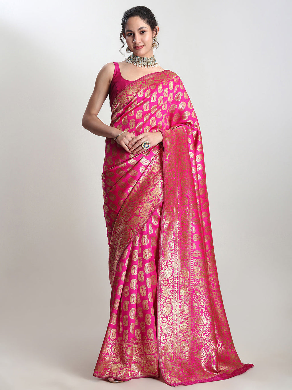 Janasya Pink Silk Blend Paisley Jacquard Saree | Grocsy