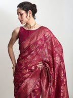 Janasya Magenta Silk Blend Floral Jacquard Saree | Grocsy