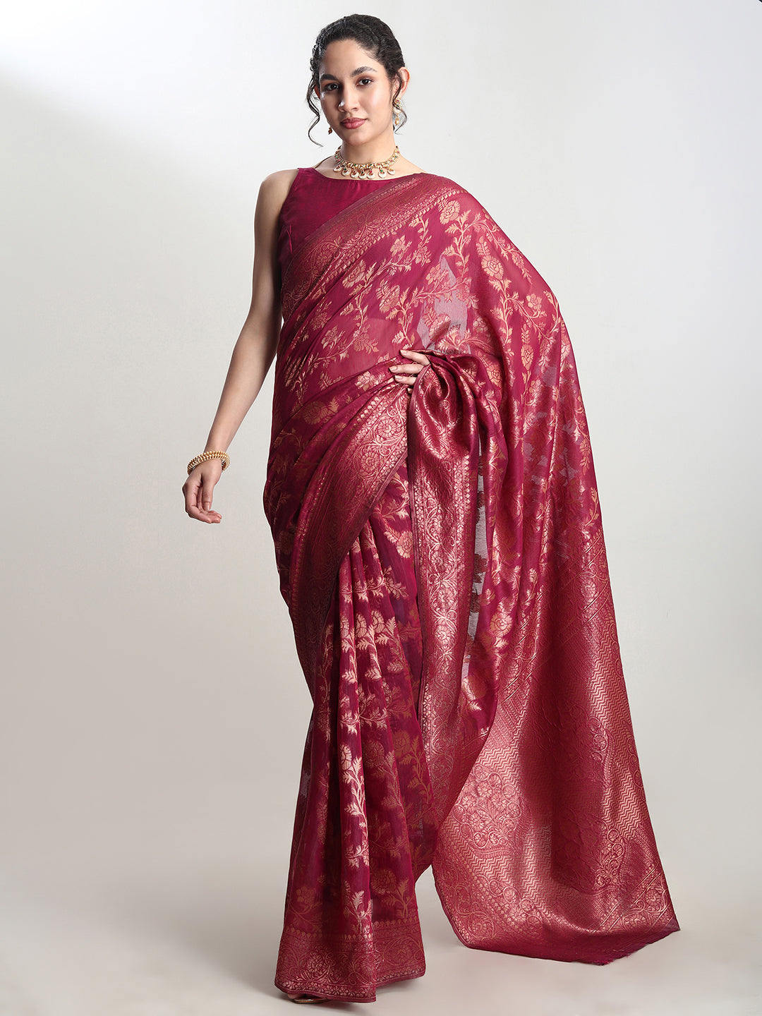 Janasya Magenta Silk Blend Floral Jacquard Saree | Grocsy