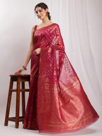 Janasya Fuchsia Silk Blend Floral Jacquard Saree | Grocsy