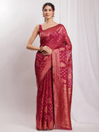 Janasya Fuchsia Silk Blend Floral Jacquard Saree | Grocsy