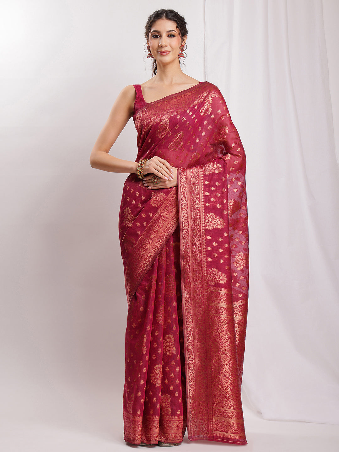 Janasya Fuchsia Silk Blend Floral Jacquard Saree | Grocsy
