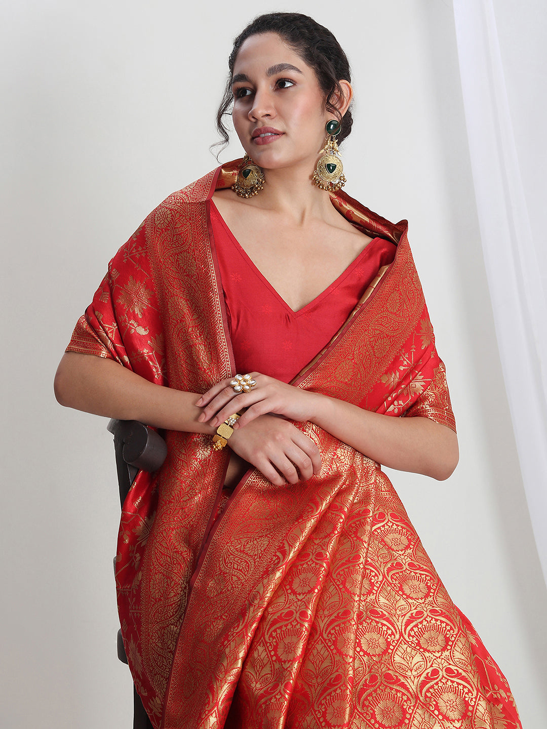 Janasya Red Silk Blend Geometric Jacquard Saree | Grocsy