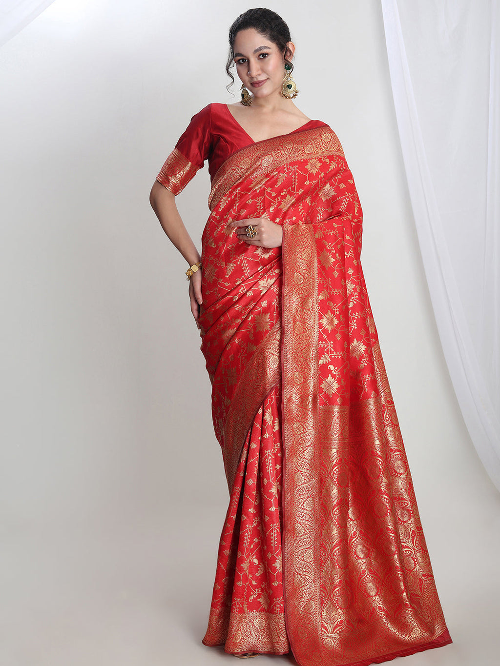 Janasya Red Silk Blend Geometric Jacquard Saree | Grocsy