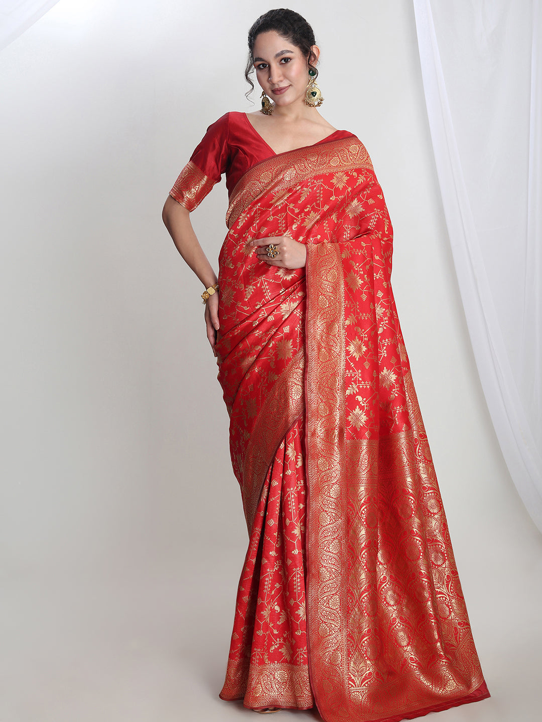 Janasya Red Silk Blend Geometric Jacquard Saree | Grocsy