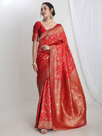 Janasya Red Silk Blend Geometric Jacquard Saree | Grocsy