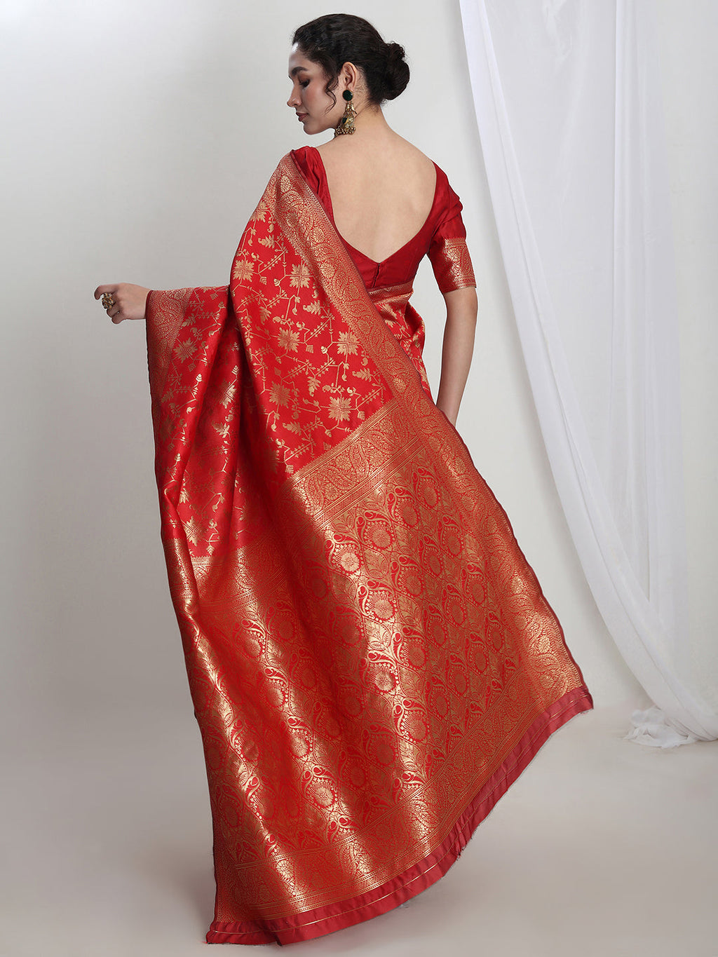 Janasya Red Silk Blend Geometric Jacquard Saree | Grocsy